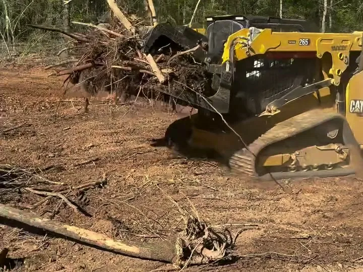 Grapple full of roots and debris on cleared ground