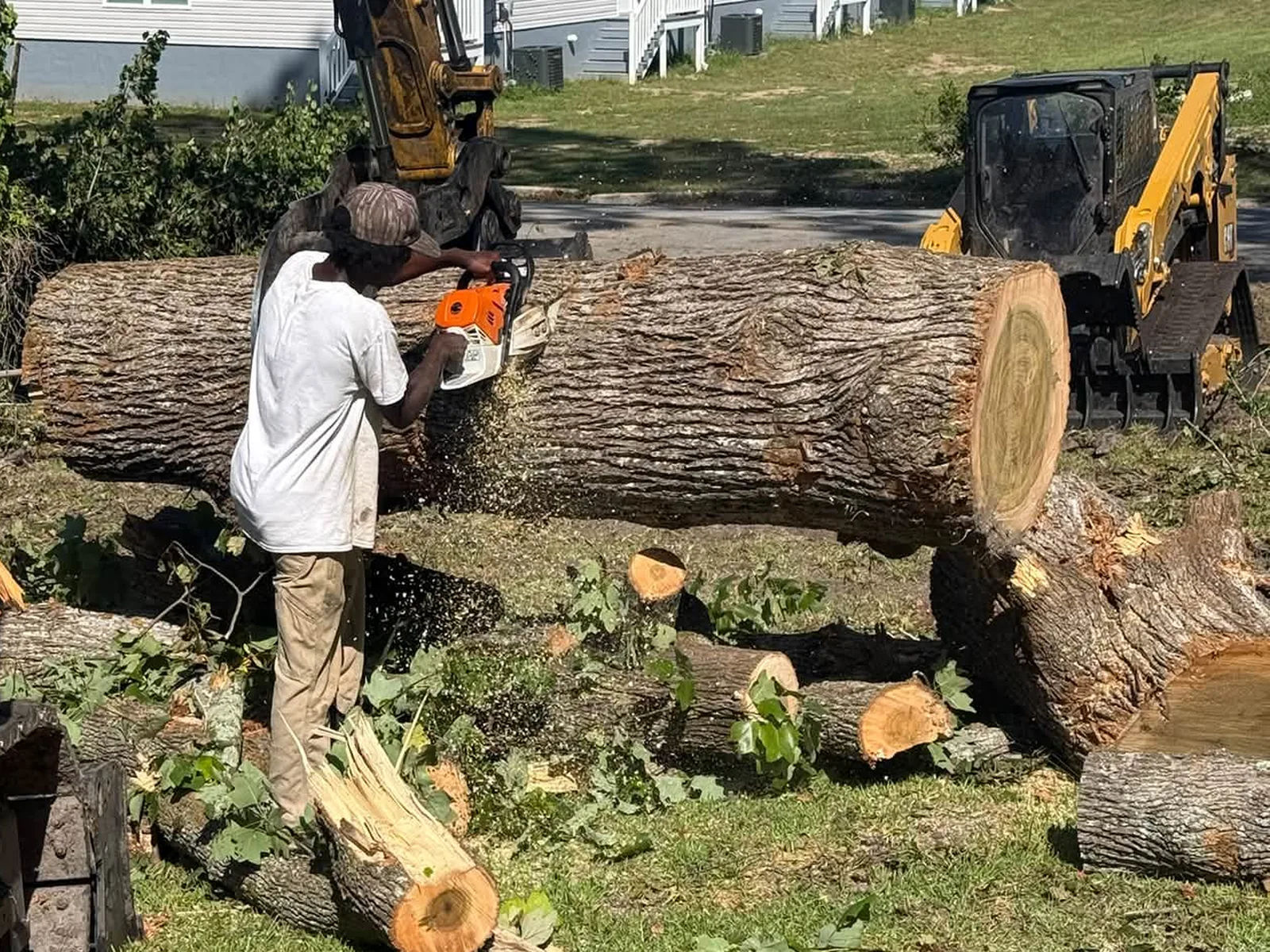 Sawyer cutting an oak log on the lawn with the CAT 275 track loader and grapple behind